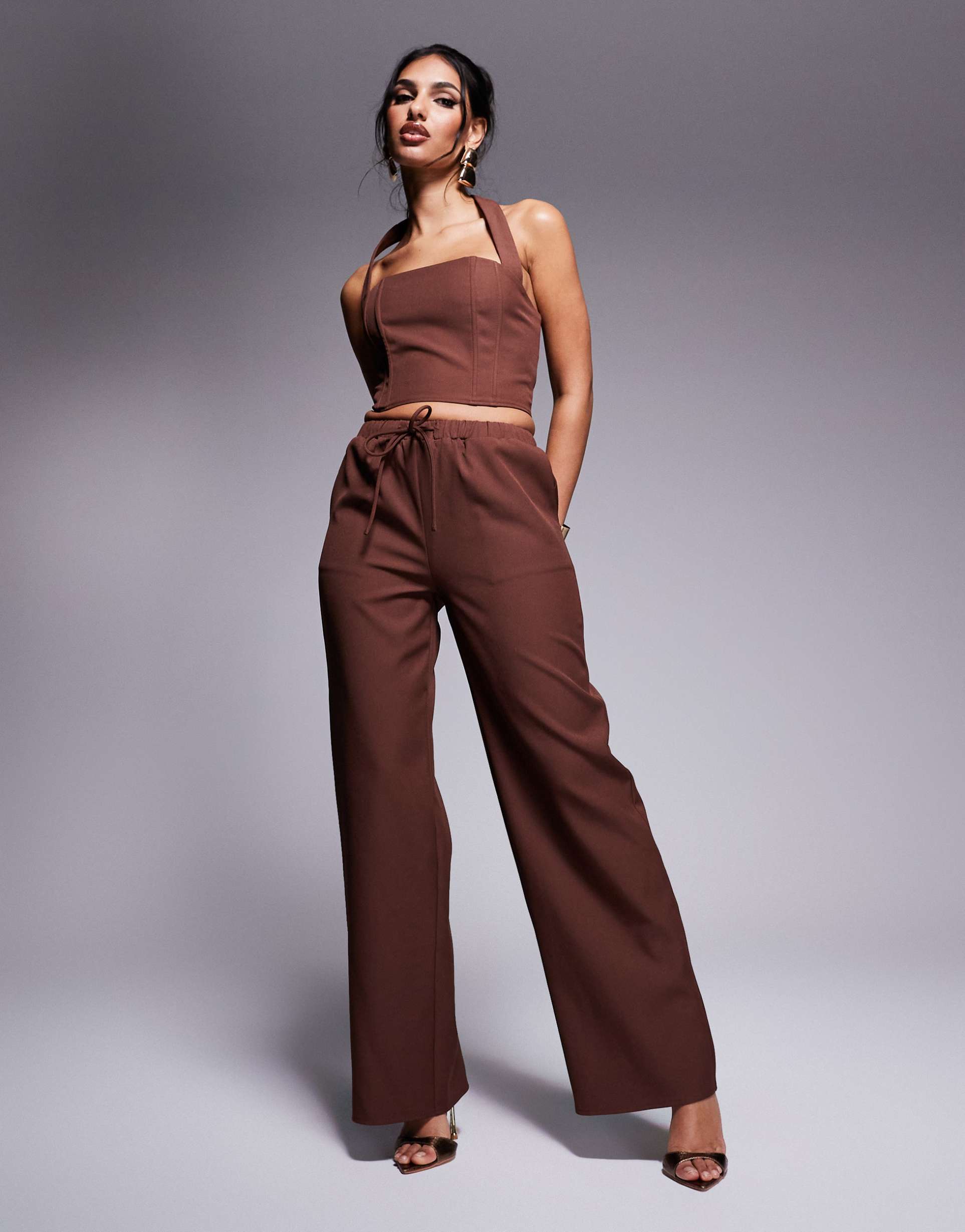 kaiia exclusive drawstring waist wide leg pants in chocolate - part of a set