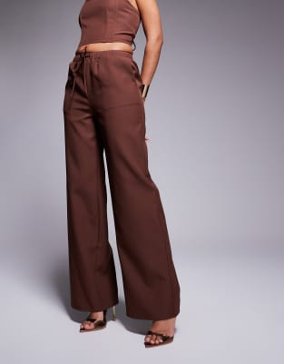 Kaiia Exclusive Drawstring Waist Wide Leg Pants In Brown