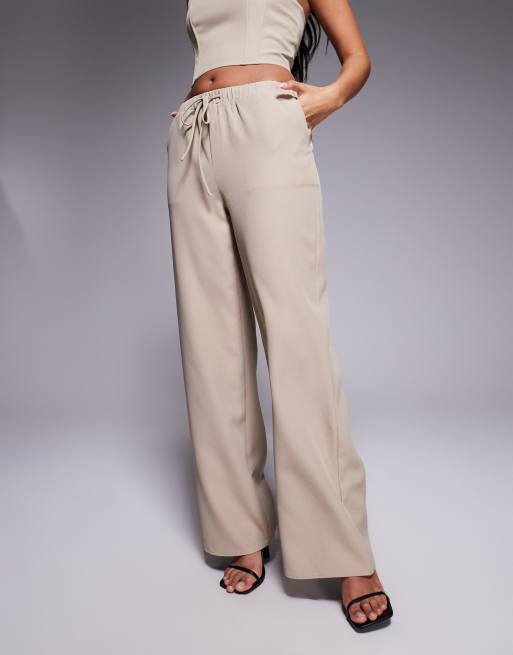 Kaiia exclusive drawstring waist wide leg trousers co-ord in stone, 2 of 5