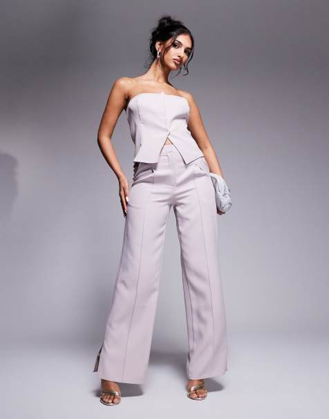 Kaiia - Exclusive - Elegante broek met wijde pijpen en naaddetail in lichtgrijs, deel van co-ord set - view 1