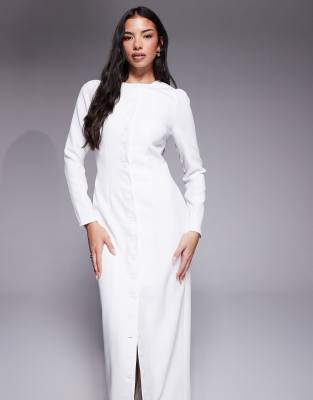 Kaiia - Exclusive - Elegantes langärmliges Maxikleid in Weiß mit Knopfleiste