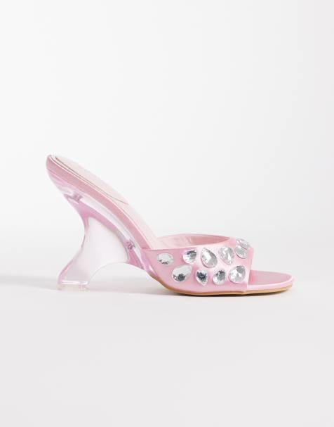 Kaiia exclusive embellished satin heeled sandals in baby pink - view 1