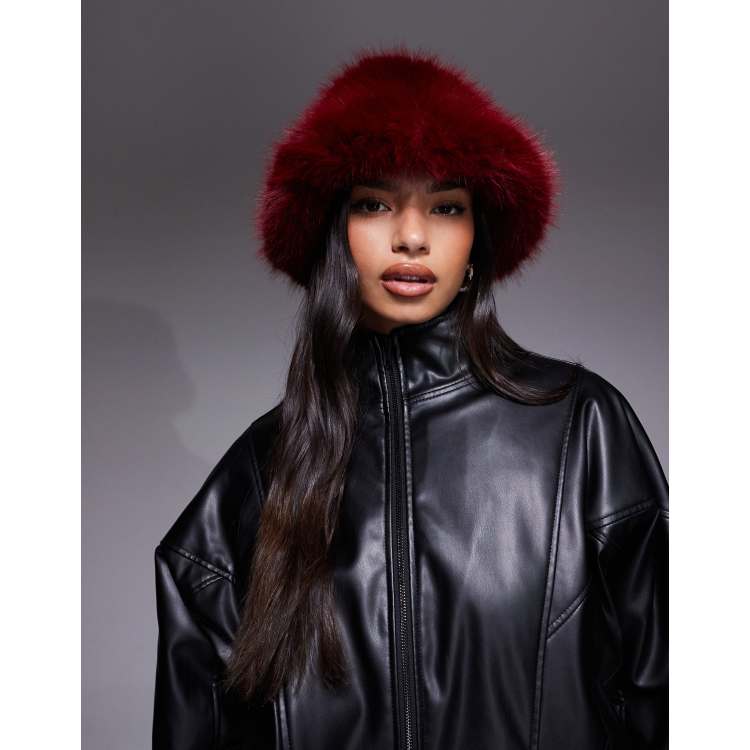 Kaiia exclusive faux fur bucket hat in burgundy | ASOS