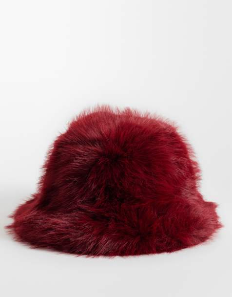 Kaiia exclusive faux fur bucket hat in burgundy - view 1