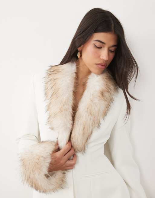 Kaiia exclusive fur lined collar and cuff cinch waist blazer and mini skirt in white, 3 of 3