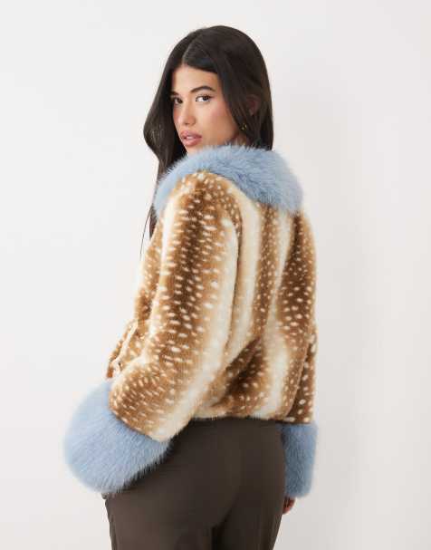 Kaiia exclusive faux fur contrast collar & cuff jacket in fawn print - view 1