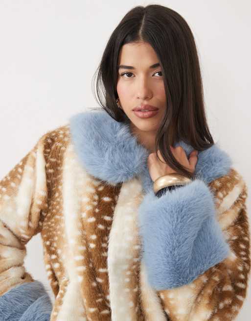 Kaiia exclusive faux fur contrast collar & cuff jacket in fawn print, 3 of 4
