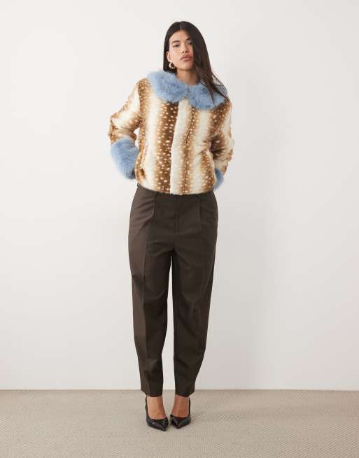 Kaiia exclusive faux fur contrast collar & cuff jacket in fawn print, 4 of 4