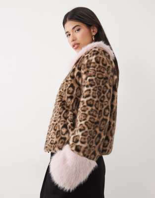 Kaiia exclusive faux fur contrast trim jacket in leopard print &amp; pink | ASOS