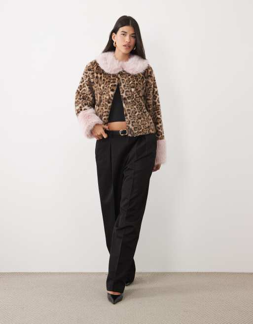 Kaiia exclusive faux fur contrast trim jacket in leopard print & pink, 2 of 4