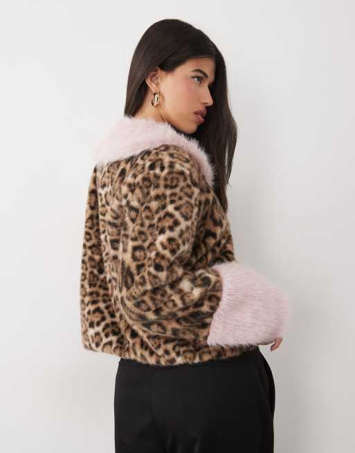 Kaiia exclusive faux fur contrast trim jacket in leopard print & pink, 3 of 4