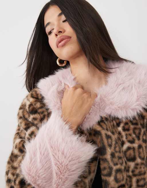 Kaiia exclusive faux fur contrast trim jacket in leopard print & pink, 4 of 4