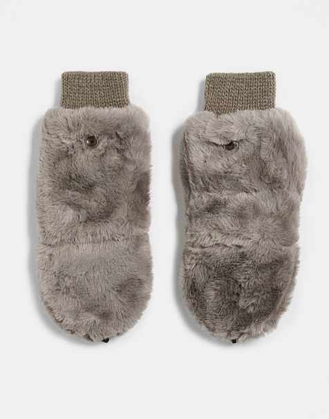 Kaiia exclusive faux-fur mittens in brown - view 1
