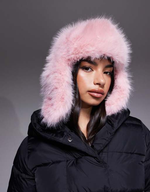 Kaiia exclusive faux fur trapper hat in baby pink | ASOS