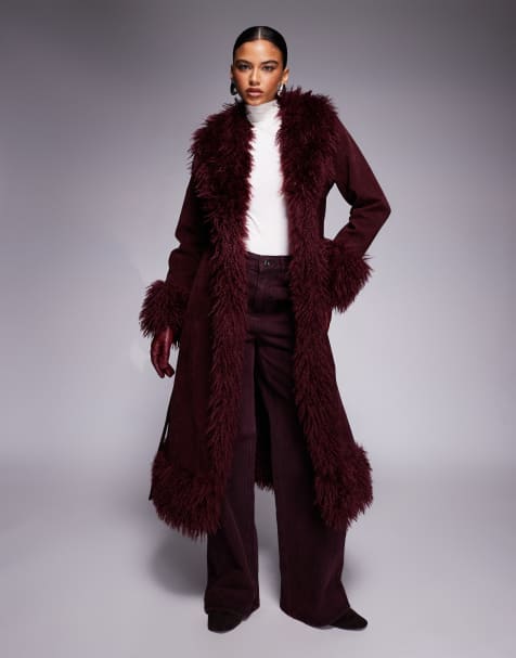 Kaiia exclusive faux fur trim penny lane maxi coat in burgundy - view 1