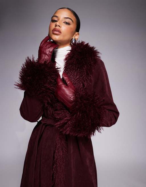 Kaiia exclusive faux fur trim penny lane maxi coat in burgundy