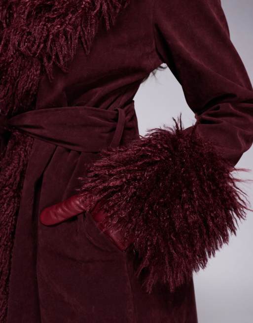 Kaiia exclusive faux fur trim penny lane maxi coat in burgundy
