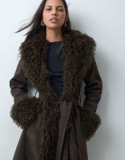 Kaiia exclusive faux fur trim penny lane maxi coat in chocolate - view 1