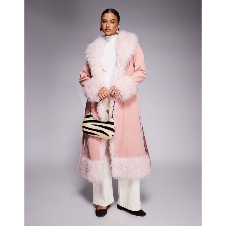 Kaiia exclusive faux fur trim penny lane maxi coat in dusky pink