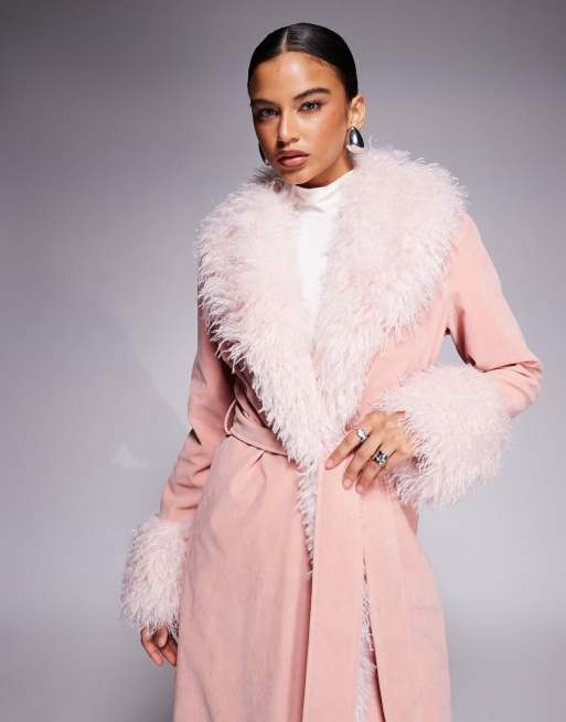 Kaiia exclusive faux fur trim penny lane maxi coat in dusky pink