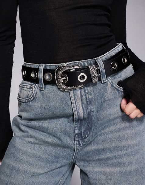 Kaiia exclusive faux leather eyelet detail western belt in black - view 1