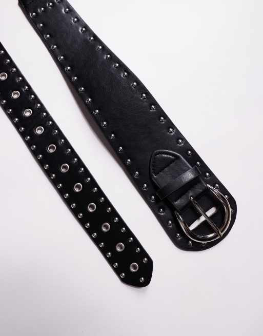 Kaiia Exclusive faux leather eyelet & stud detail chunky belt in black, 2 of 3
