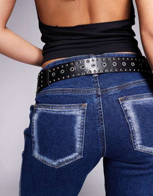 Kaiia Exclusive faux leather eyelet & stud detail chunky belt in black, 3 of 3
