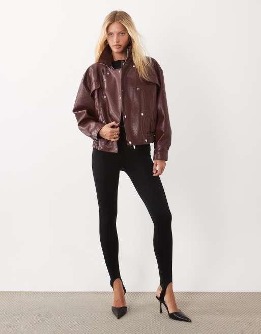 Kaiia exclusive faux leather funnel neck bomber jacket in burgundy, 2 of 4