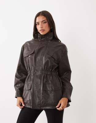 Kaiia Exclusive Faux Leather Funnel Neck Cinche Waist Jacket Co-ord In Brown