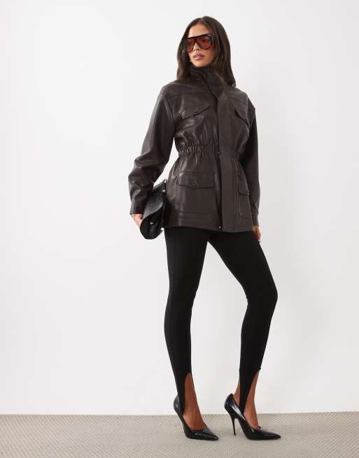 Kaiia exclusive faux leather funnel neck cinche waist jacket co-ord in brown, 2 of 4