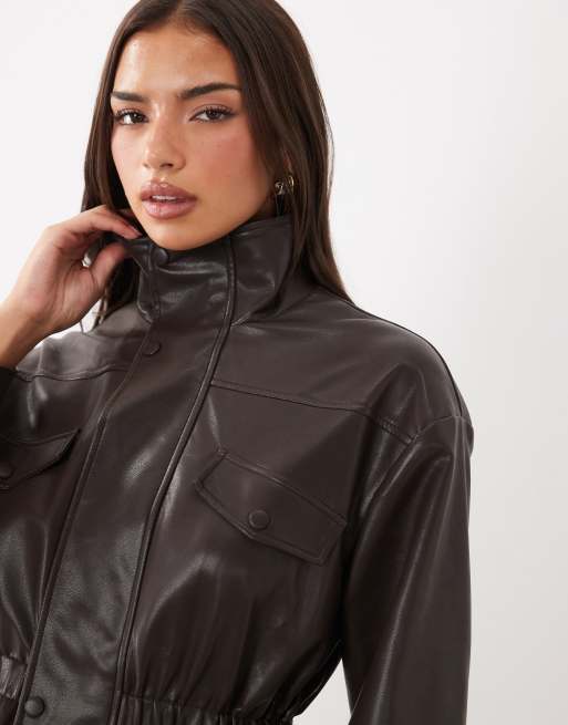 Kaiia exclusive faux leather funnel neck cinche waist jacket co-ord in brown, 3 of 4