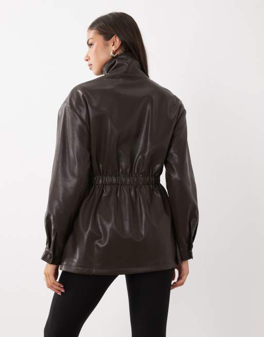 Kaiia exclusive faux leather funnel neck cinche waist jacket co-ord in brown, 4 of 4