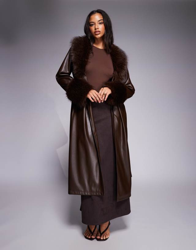 Kaiia exclusive faux leather fur trim maxi coat in chocolate brown