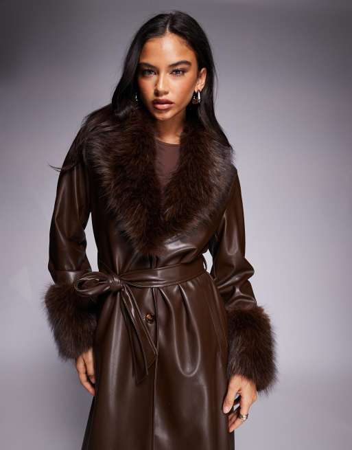 Kaiia exclusive faux leather fur trim maxi coat in chocolate brown