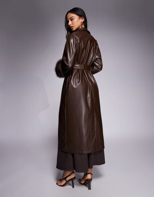 Kaiia exclusive faux leather fur trim maxi coat in chocolate brown