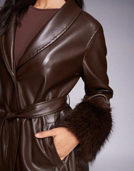 Kaiia exclusive faux leather fur trim maxi coat in chocolate brown