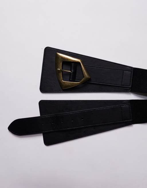 Kaiia exclusive faux leather oversized gold hardware detail waist belt in black, 2 of 3