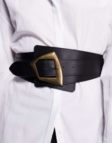 Kaiia exclusive faux leather oversized gold-tone hardware detail waist belt in black - view 1