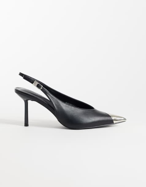Kaiia exclusive faux leather silver point sling back kitten heels in black - view 1