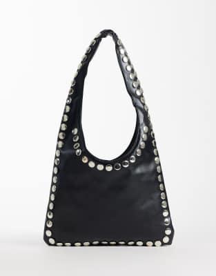 Kaiia Exclusive Faux Leather Silver Studded Shoulder Bag In Black
