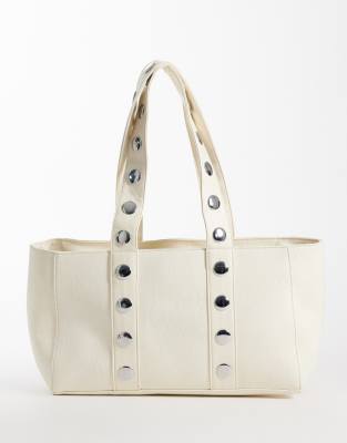Kaiia Exclusive Faux Leather Silver Studded Tote Bag In Neutral