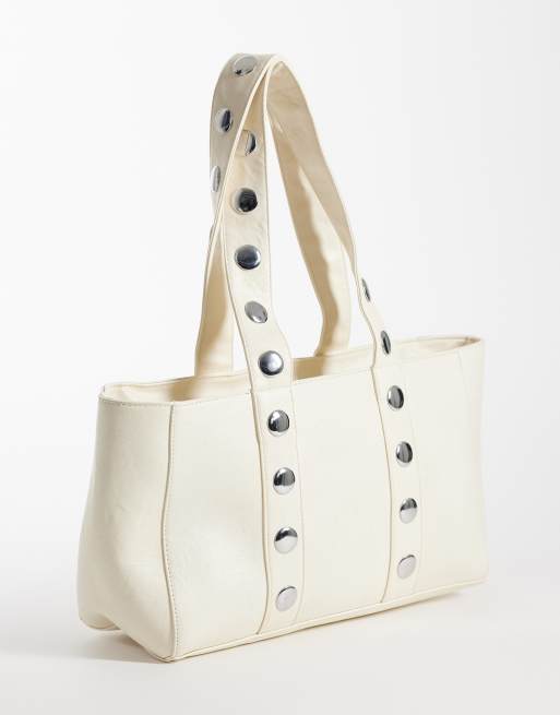 Kaiia exclusive faux leather silver studded tote bag in white, 4 of 4