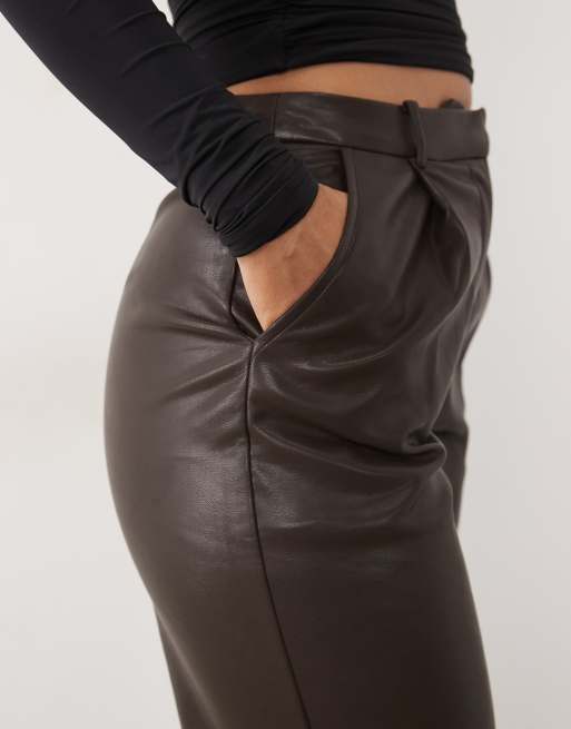 Kaiia exclusive faux leather straight leg trouser co-ord in brown, 5 of 5