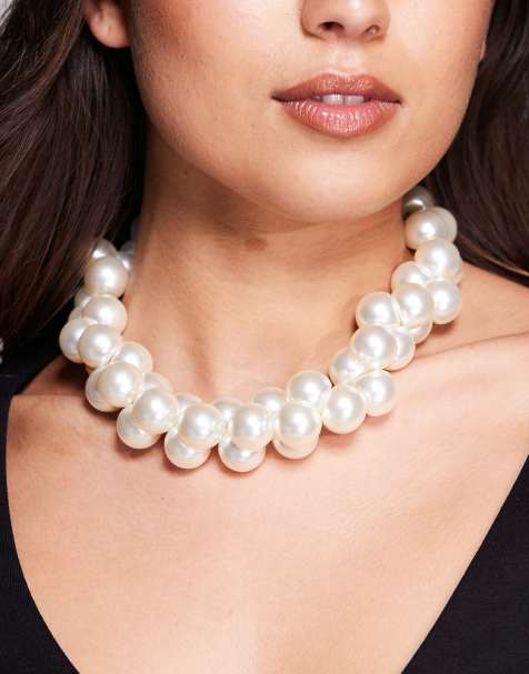 Kaiia exclusive faux pearl chunky necklace in silver tone - view 1