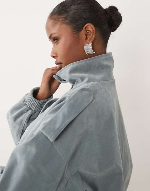 Kaiia exclusive faux suede cargo pocket front balloon sleeve funnel neck bomber jacket in light blue, 2 of 4