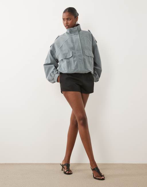 Kaiia exclusive faux suede cargo pocket front balloon sleeve funnel neck bomber jacket in light blue, 3 of 4