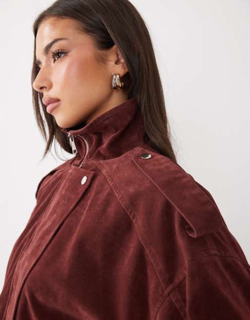 Kaiia exclusive faux suede funnel neck bubble hem bomber jacket in burgundy, 3 of 4