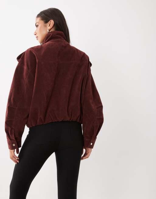 Kaiia exclusive faux suede funnel neck bubble hem bomber jacket in burgundy, 4 of 4