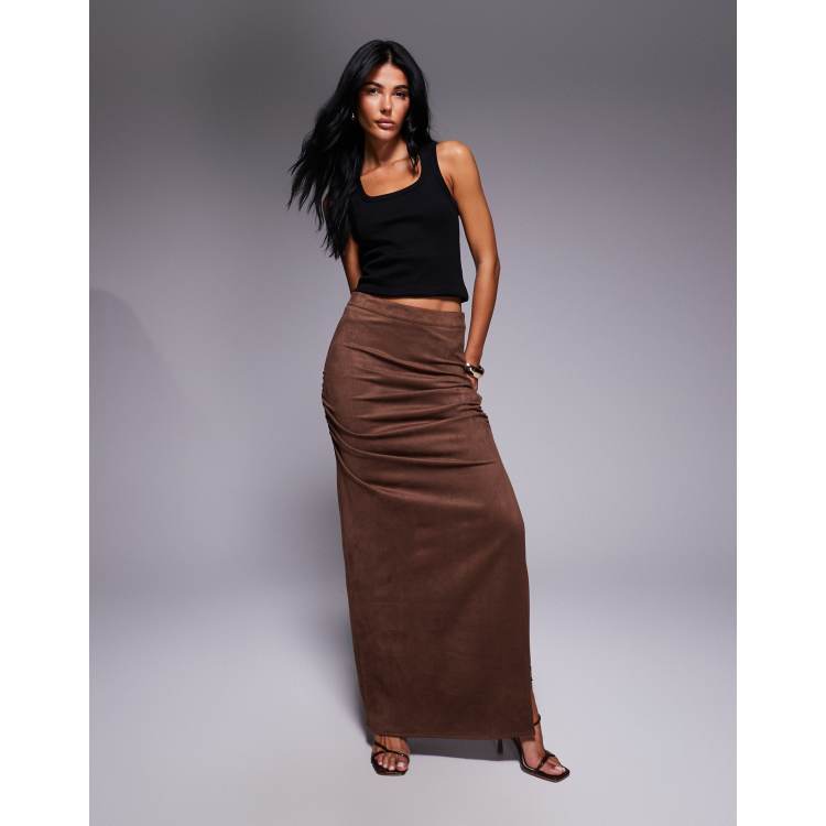 Kaiia exclusive faux suede side split maxi skirt in tan | ASOS