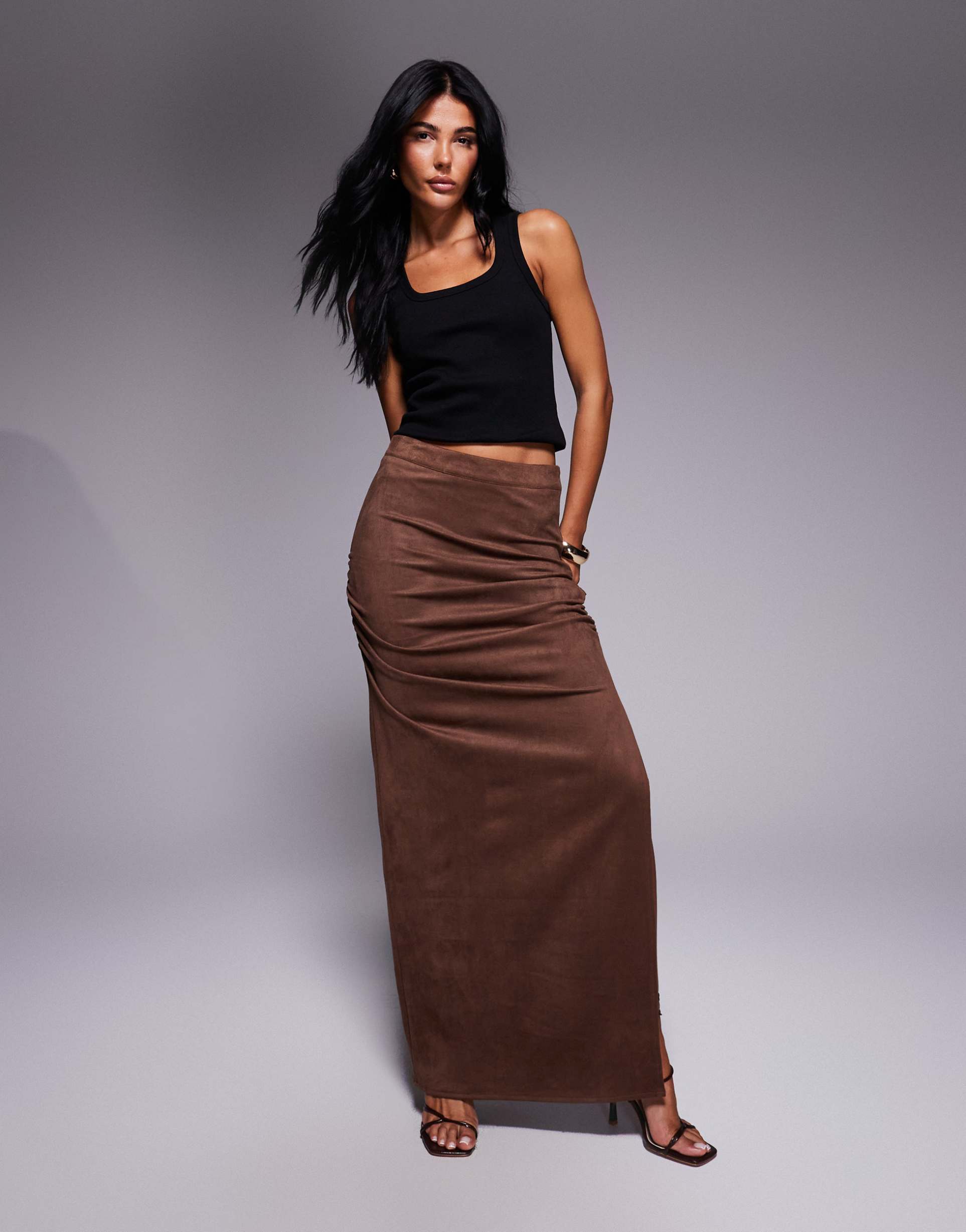 kaiia exclusive faux suede side split maxi skirt in tan